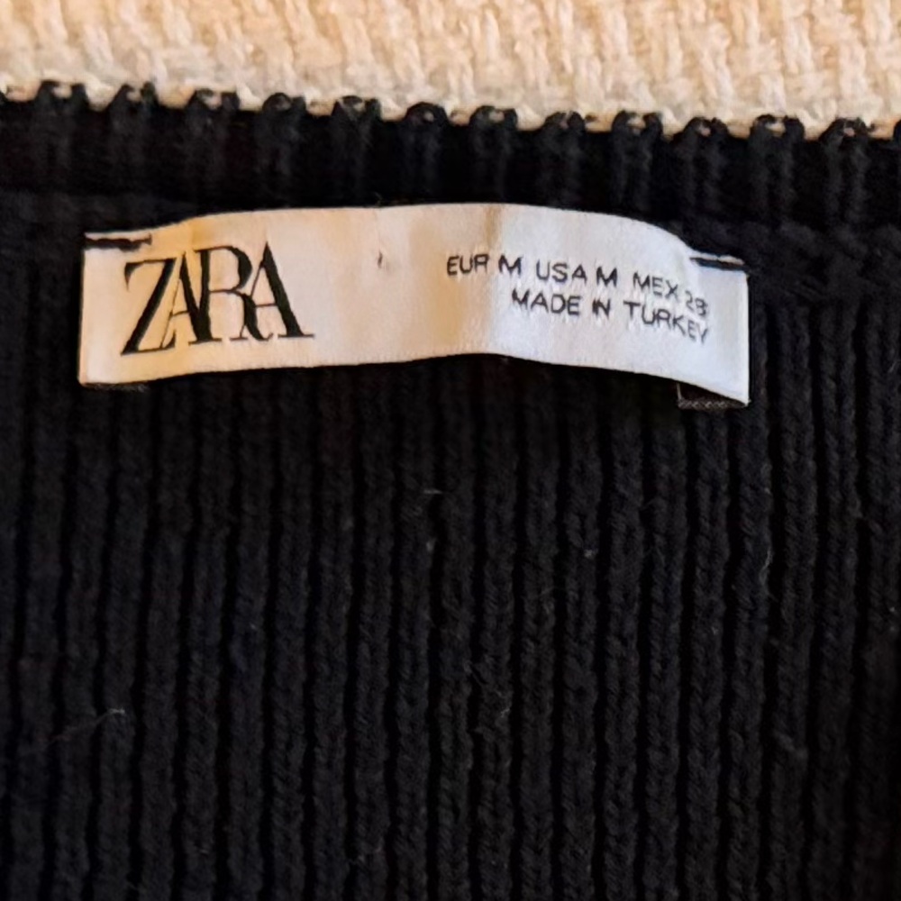 ZARA Woven Heavy Sweater Navy Knit Top w White Stitching Front Pockets V-neck - Picture 13 of 15